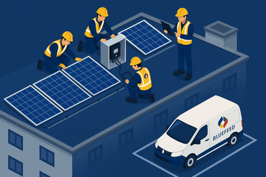 Fieldwork op dak zonnepanelen en omvormers