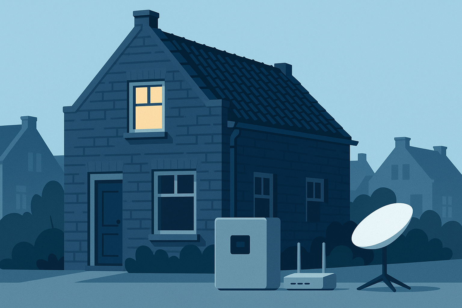 Nederlandse woning overdag tijdens stroomstoring met een thuisbatterij, router en Starlink-schotel als digitaal noodpakket