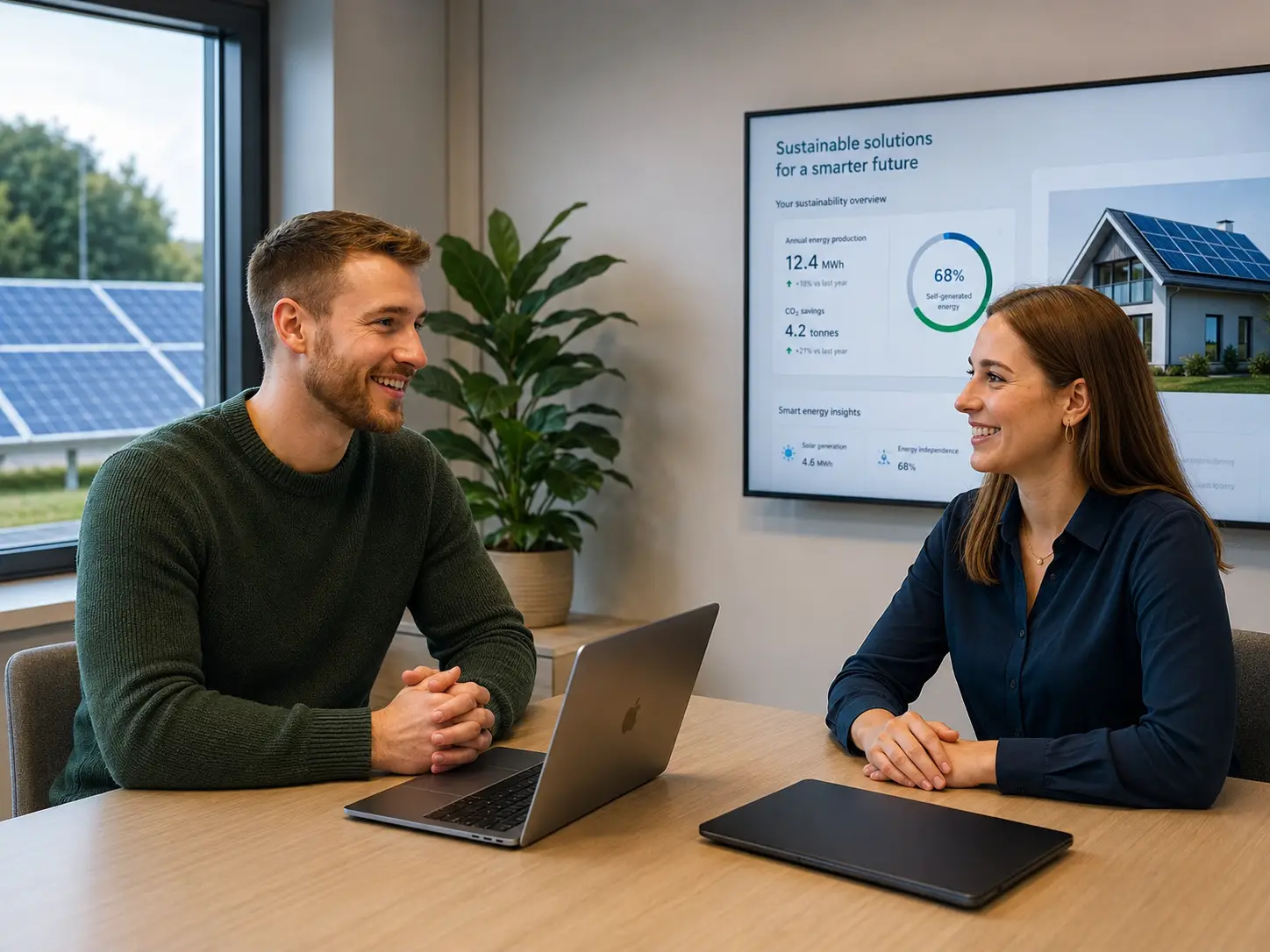Bluefeed klantbespreking over duurzame oplossingen, zonnepanelen en energieverbruik in een moderne vergaderruimte.