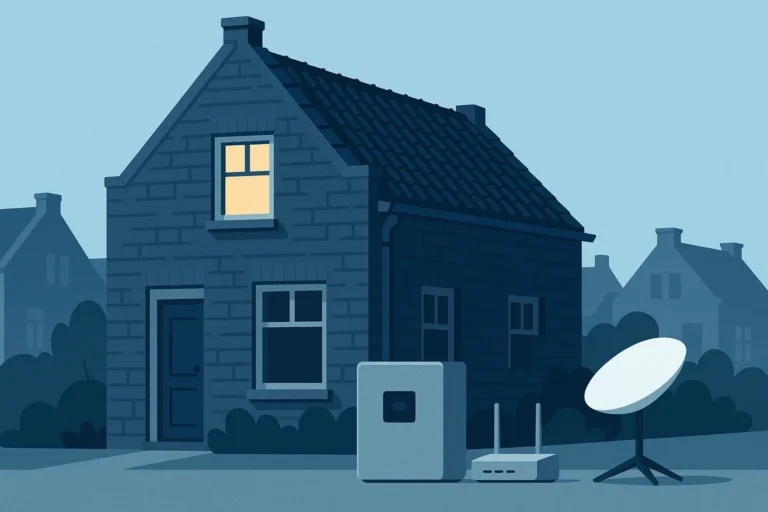 Nederlandse woning overdag tijdens stroomstoring met een thuisbatterij, router en Starlink-schotel als digitaal noodpakket