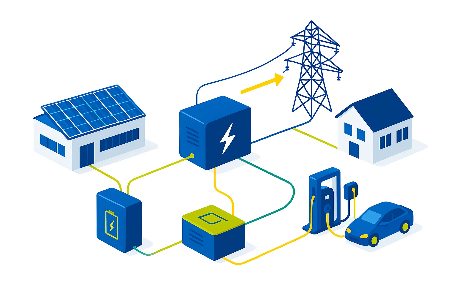 Illustratie van een lokale EnergyHub die zonnepanelen, thuisbatterij, laadpaal met elektrische auto, woning en het elektriciteitsnet slim met elkaar verbindt