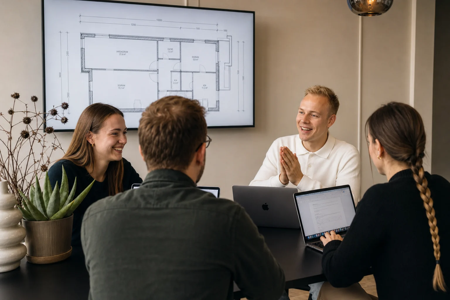Energieadviesgesprek aan tafel met een plattegrond op het scherm