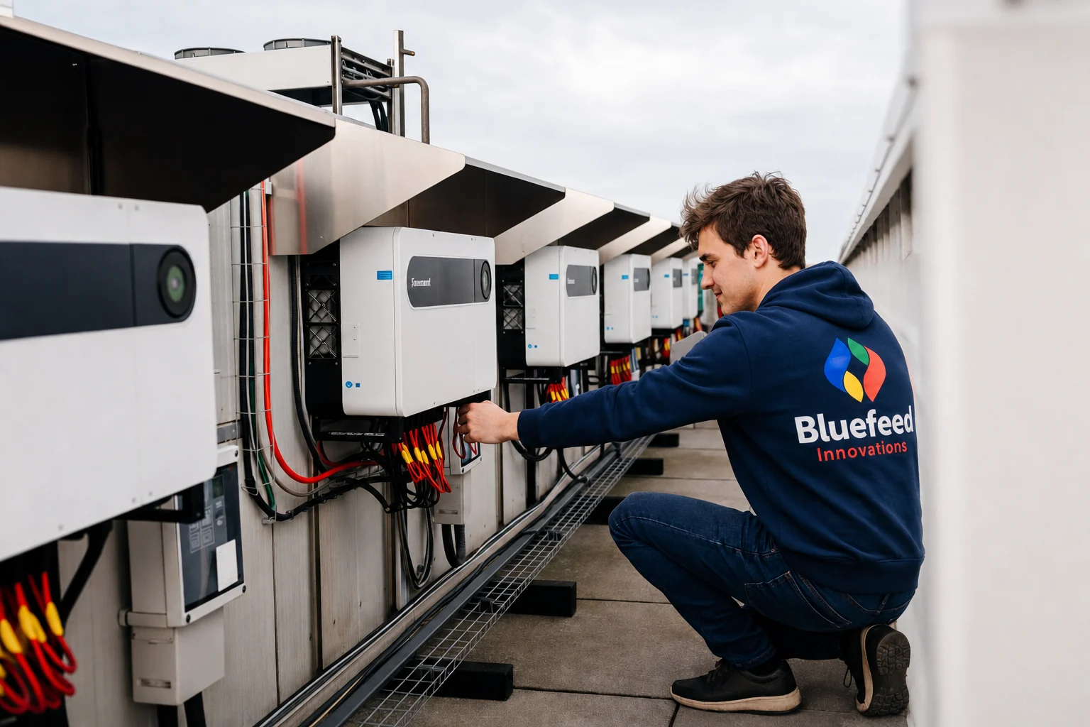 Omvormers op een zonnedak, onderhoud door Bluefeed Fieldwork
