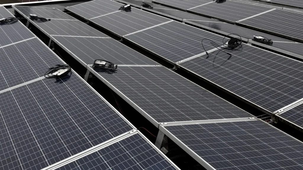 Zonnepanelen op een bedrijfsdak met losse connectoren tijdens onderhoud