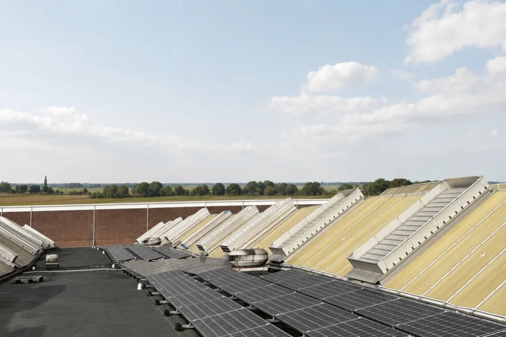 Zonnepanelen op een plat bedrijfsdak met lichtkoepels