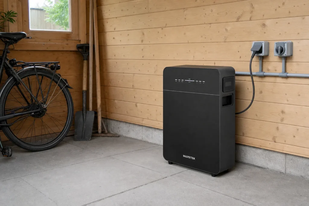 Plug-in thuisbatterij in een schuur, met eigen wandcontactdoos en werkschakelaar