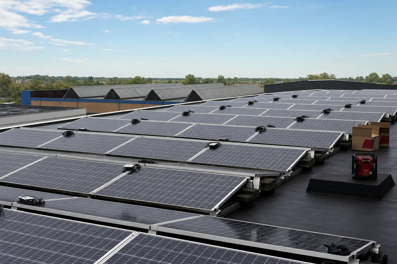 Rows of solar panels on a large flat roof