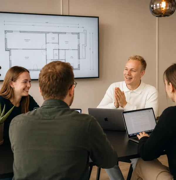 Klantbespreking over smart home project met Bluefeed projectbegeleiding en technische bouwtekening op scherm.