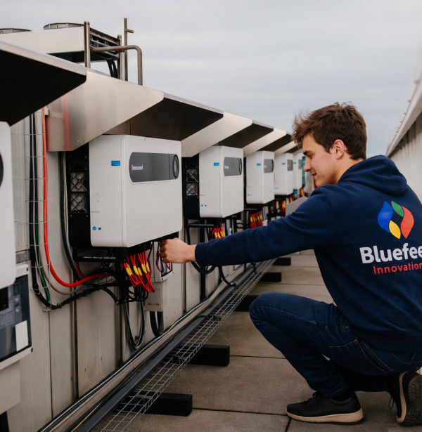Medewerker Bluefeed voor onderhouden omvormers zonnedak